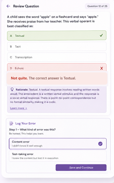 Platform review-question screen showing a scored answer with a written rationale and an error-logging prompt